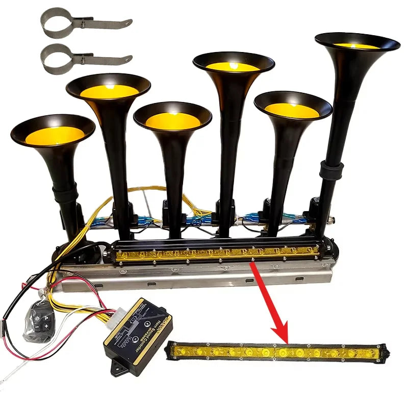 125DB LED 12/24V 36-tone 6-Tube Modification Truck Train Trailer Loud Electric Horn Solenoid Valve Loud Speaker Siren Air Horn