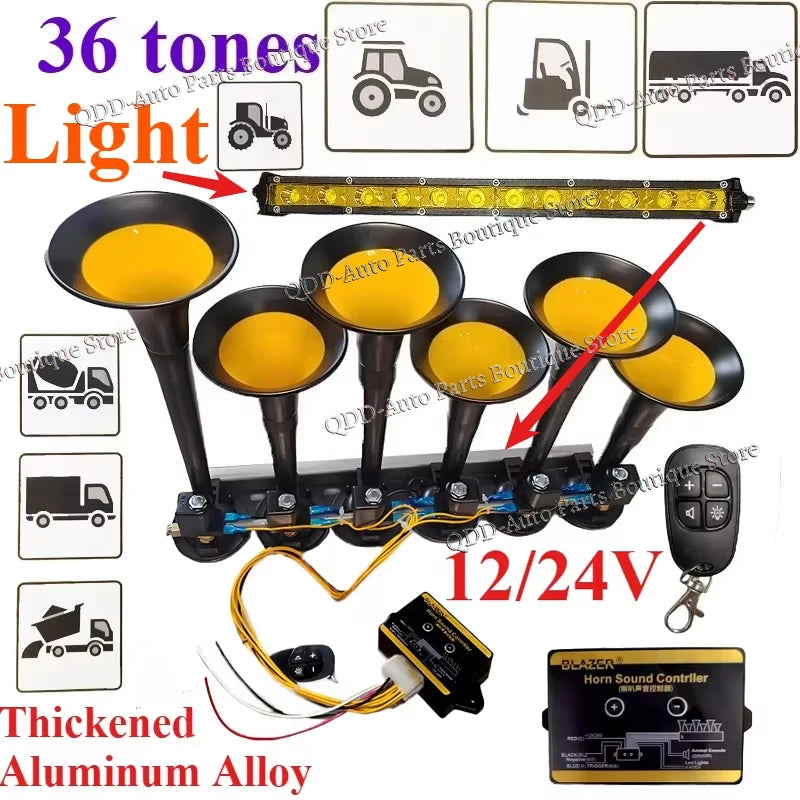 125DB LED 12/24V 36-tone 6-Tube Modification Truck Train Trailer Loud Electric Horn Solenoid Valve Loud Speaker Siren Air Horn