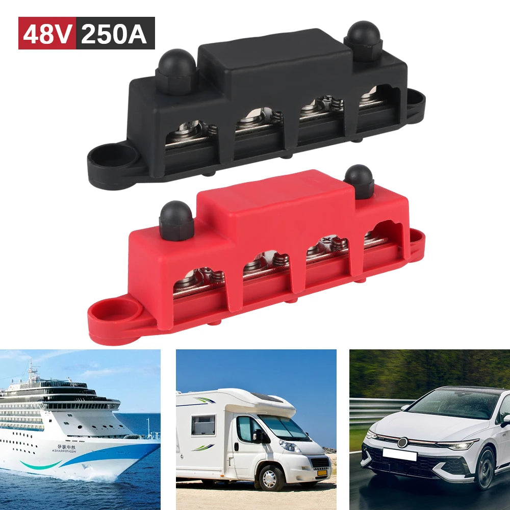 Bus Bar For Boat Truck RV Caravan Car Power Distribution Block 48V 250A DC M8 M10 Stud Electro Junction 5/16" 3/8" Studs 4 Ways
