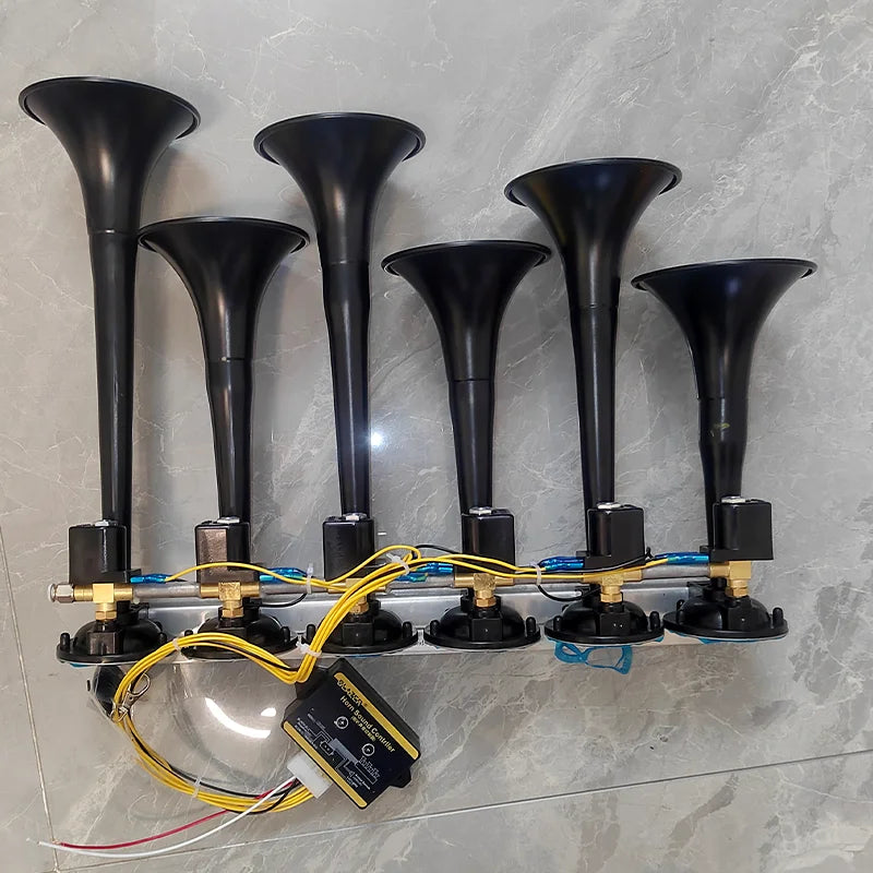 125DB LED 12/24V 36-tone 6-Tube Modification Truck Train Trailer Loud Electric Horn Solenoid Valve Loud Speaker Siren Air Horn