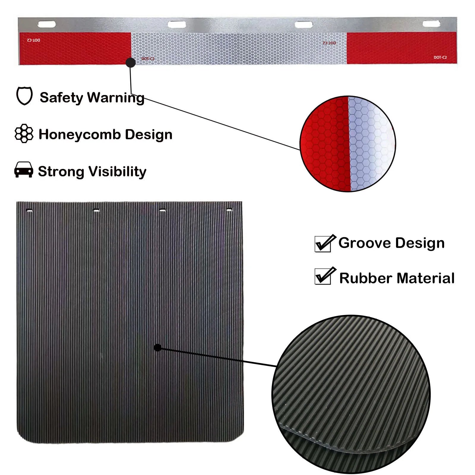 24"x3"Reflector Strips and 24"X24"Heavy-Duty Trucks Mud Flaps  for Trailers Semi Trucks Black 2sets