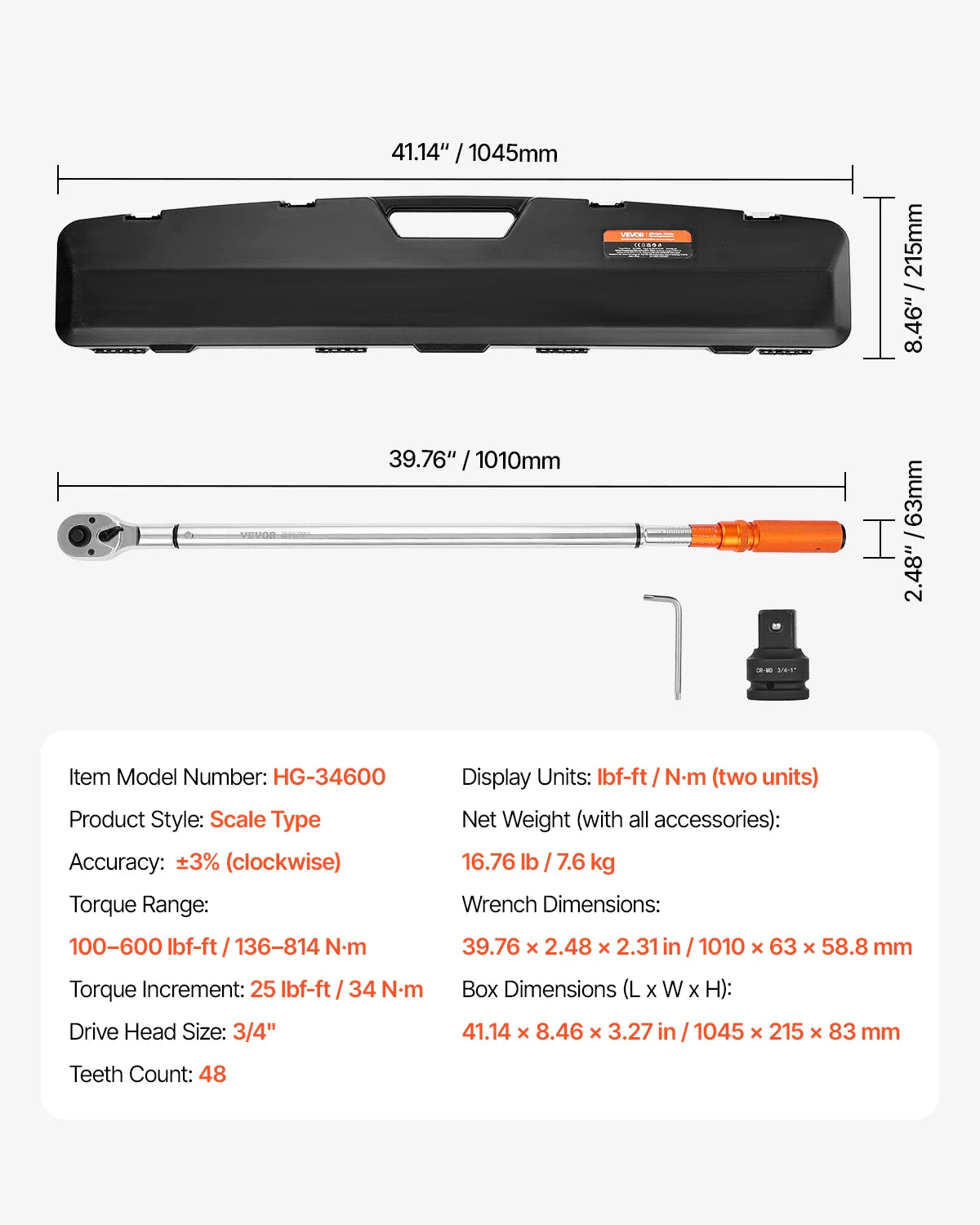 SucceBuy Click Torque Wrench 3/4 Inch Drive 100-600 lbf-ft Dual-direction Torque Wrench Set Alloy Steel for Automobile Repair